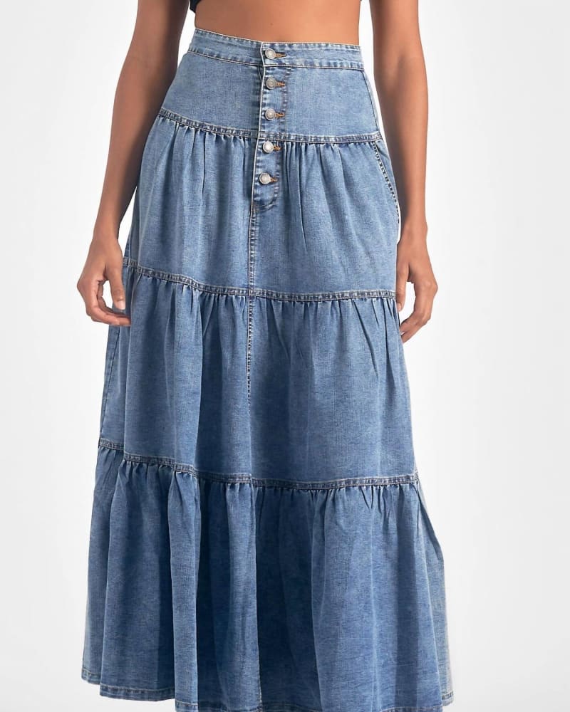 Front of a model wearing a size L Maxi Tiered Skirt in Denim in Denim by ELAN. | dia_product_style_image_id:339139